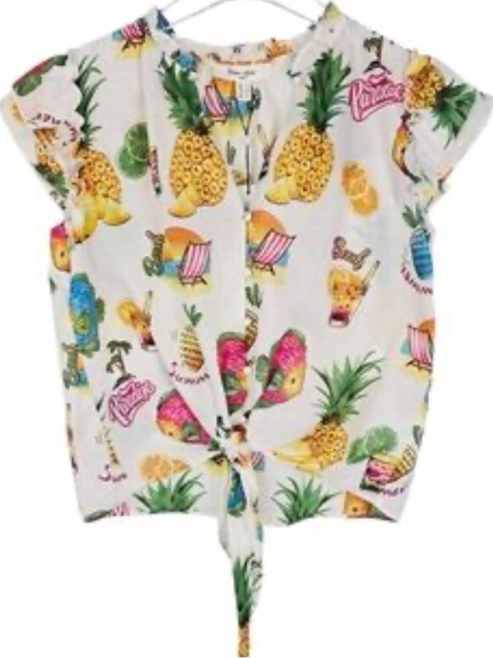 Paradise Tropical Tie-Front Button Down Top - White Multi